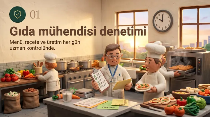01 Gıda mühendisi denetimi: Menü, reçete ve üretim her gün uzman kontrolünde.