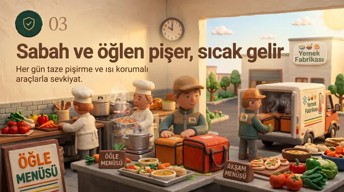 03 Sabah pişer, sıcak gelir: Her gün taze pişirme ve ısı korumalı araçlarla sevkiyat.